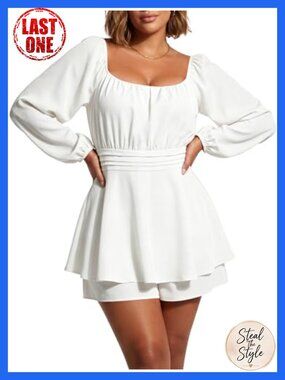 Plus Size Square Neck Puff Sleeve Romper Dress with Shorts